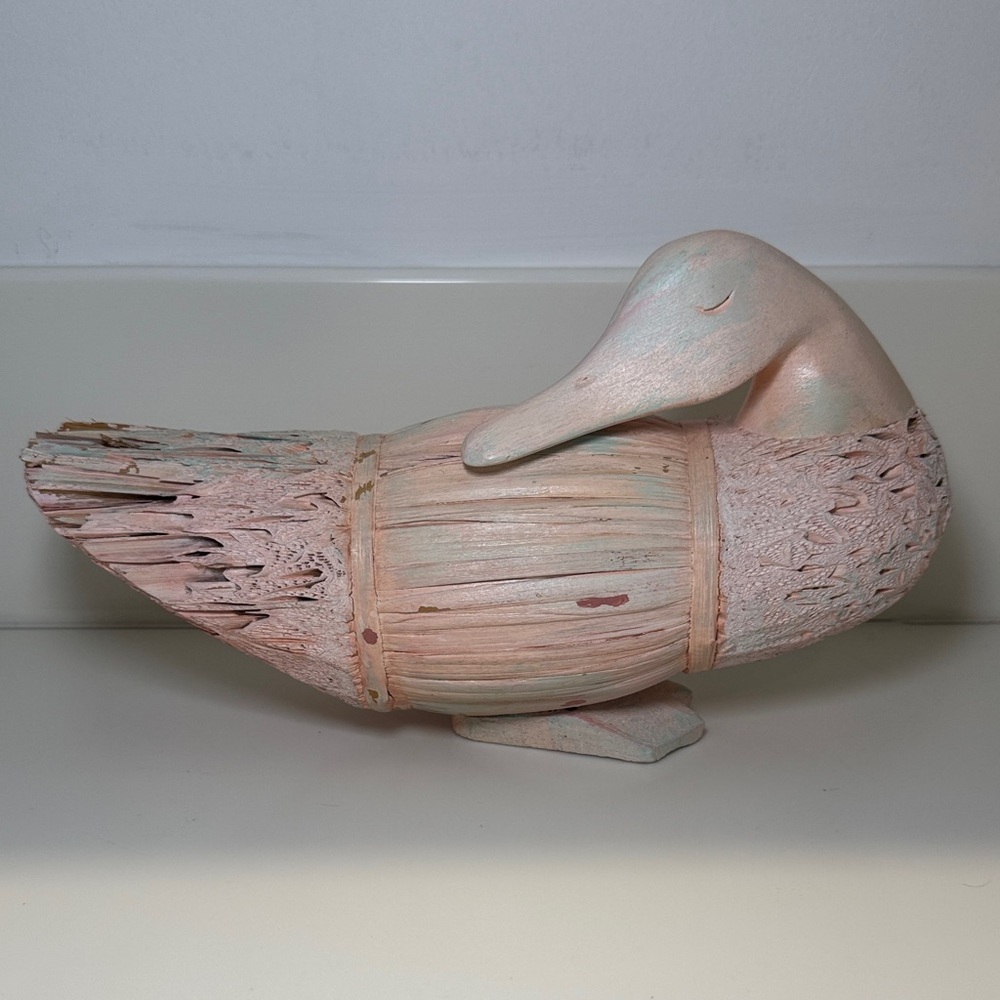 Vintage Carved Wooden Duck Figurine, Handmade, Retro Pastel Colors